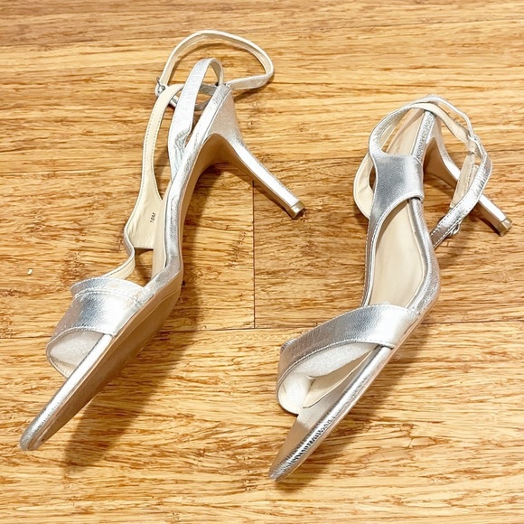 Nine West Shoes - Nine West "Garrano" ankle strap silver leather 3.5" heeled sandals. Size 10